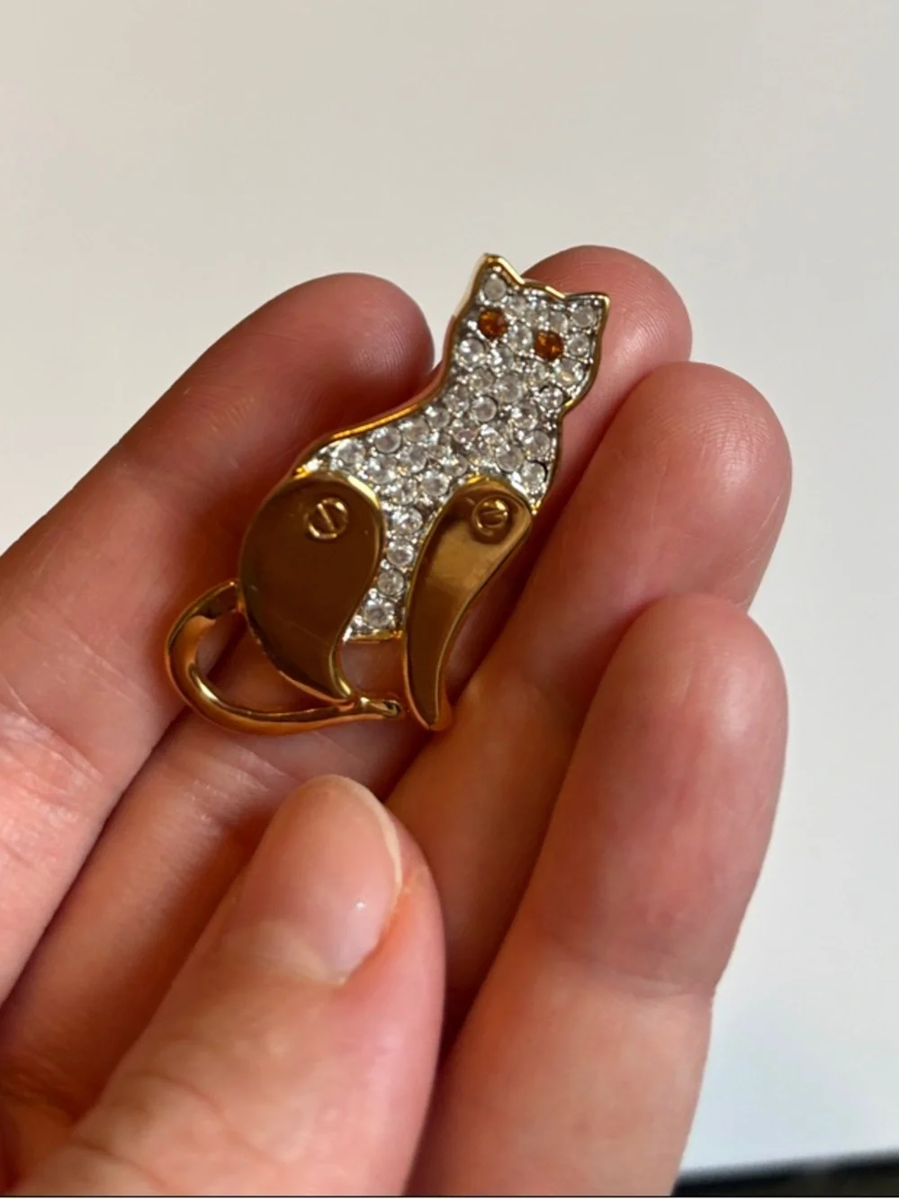 Monet Gold Tone Cat Brooch with Clear Crystals